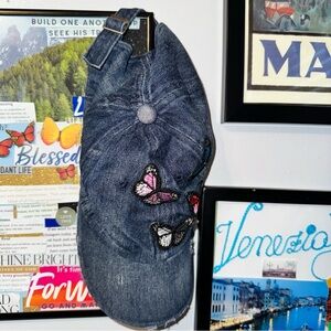 Denim Butterfly Embroidered Distressed Cap